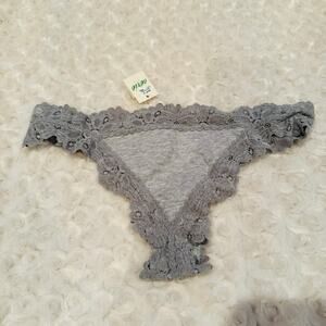 Aerie Thong Tanga Grey Lace Cotton Underwear Panties Undies Sz Small NEW